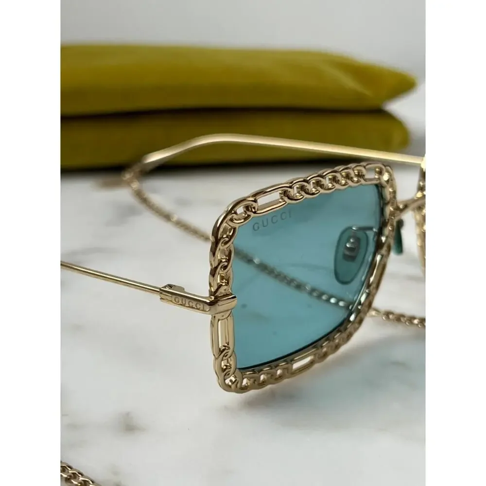 NEW Gucci GG1112S Gold Blue Lens Chain Sunglasses